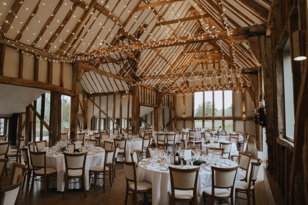 The main wedding breakfast barn room at Easton Grange in Woodbridge, Suffolk.