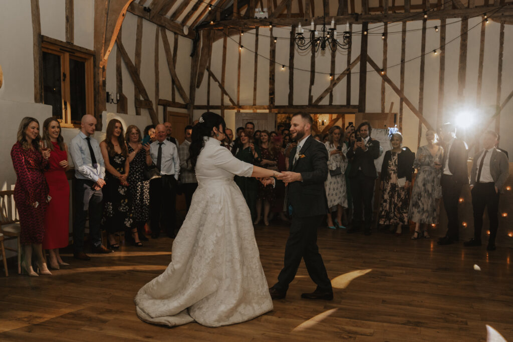 Suffolk wedding photographer capturing the first dance at Brusiyard Country Estate