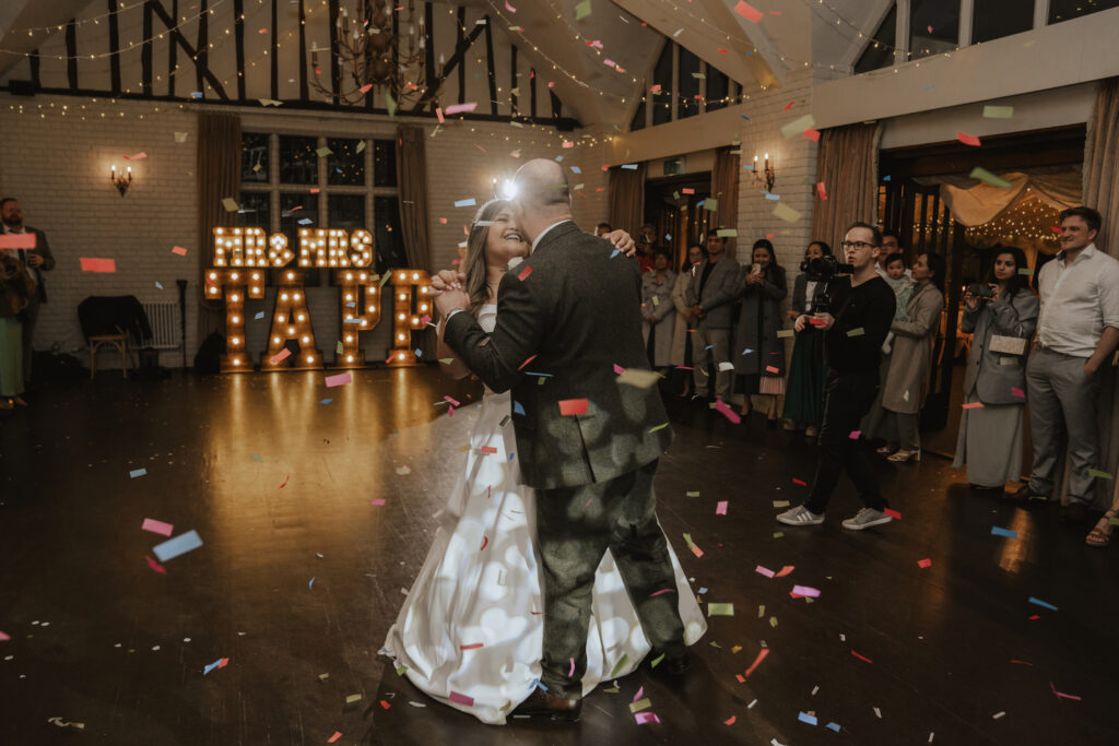 First dance in the ceremony barn at Seckford Hall