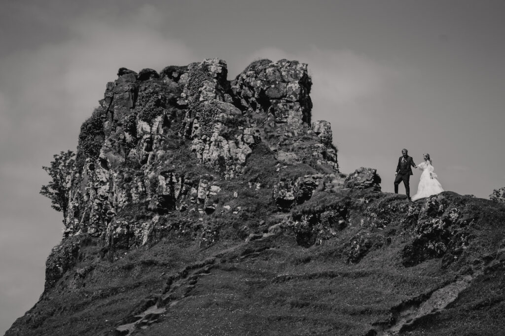 Dramatic cliff faces at The Fairy Glen during an elopement on the Isle of Skye