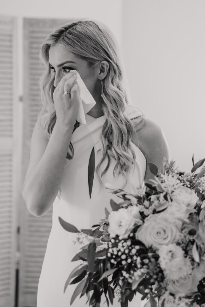 Emotional moments from the bride during bridal preparations at The Granary Estates