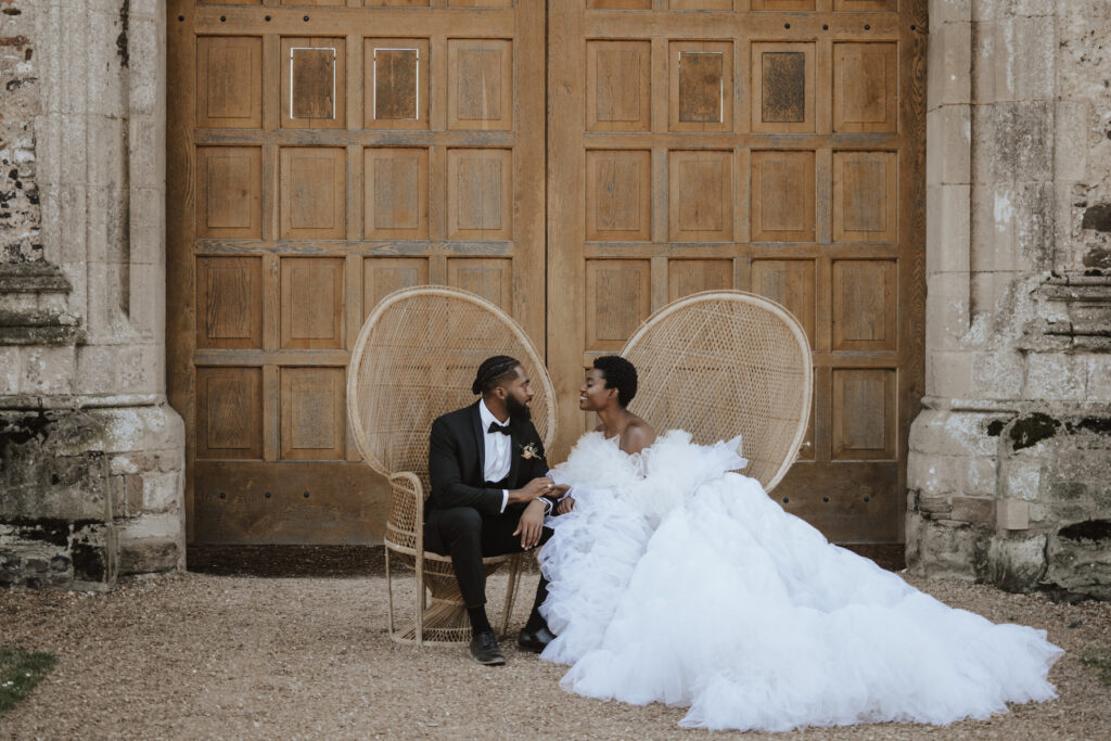 The bride and groom at Pentney Abbey during their couples portraits