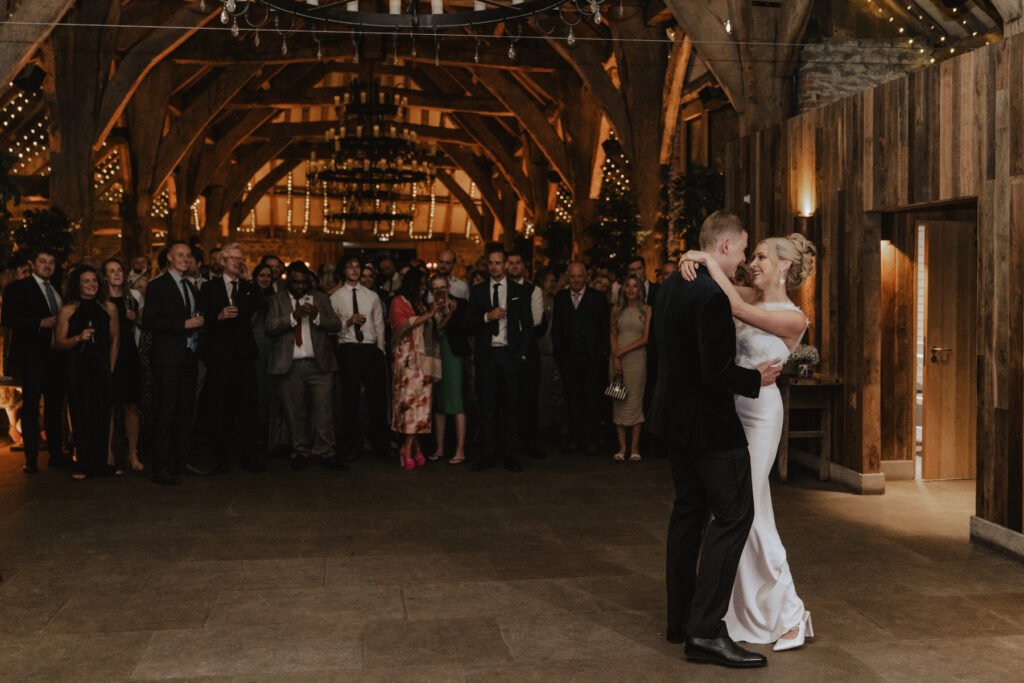 Yorkshire wedding photographer capturing the couple on the dance floor at Tithe Barn