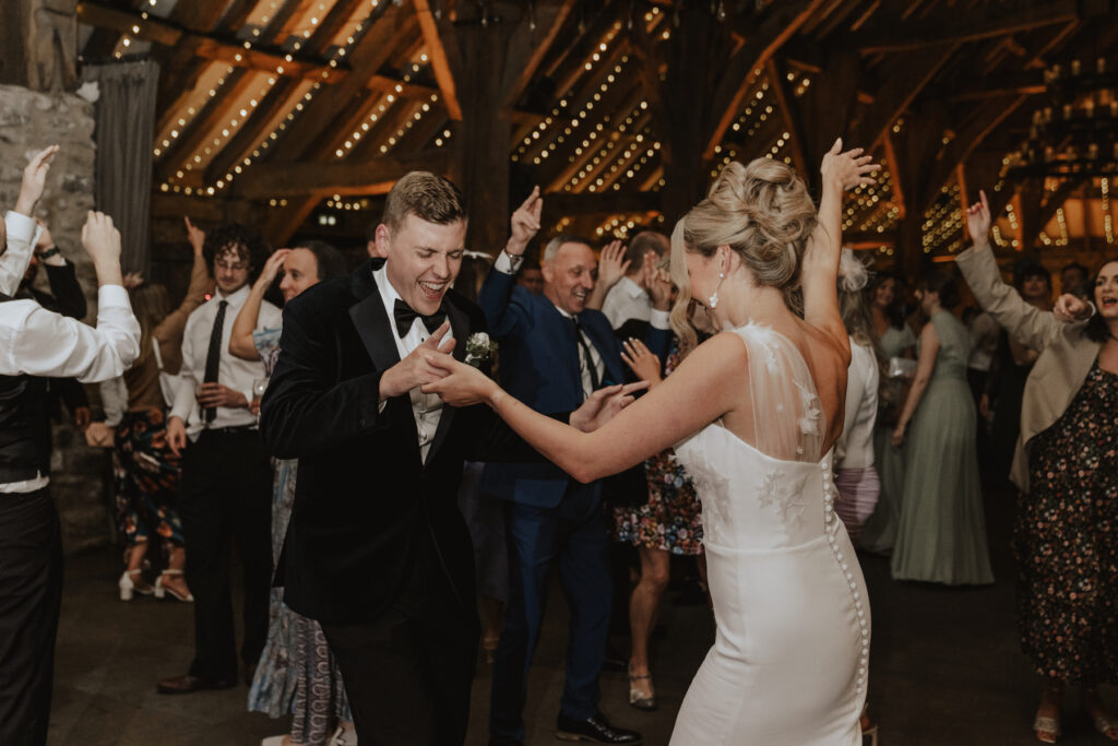 The couple on the dance floor at Tithe Barn in Skipton, Yorkshire