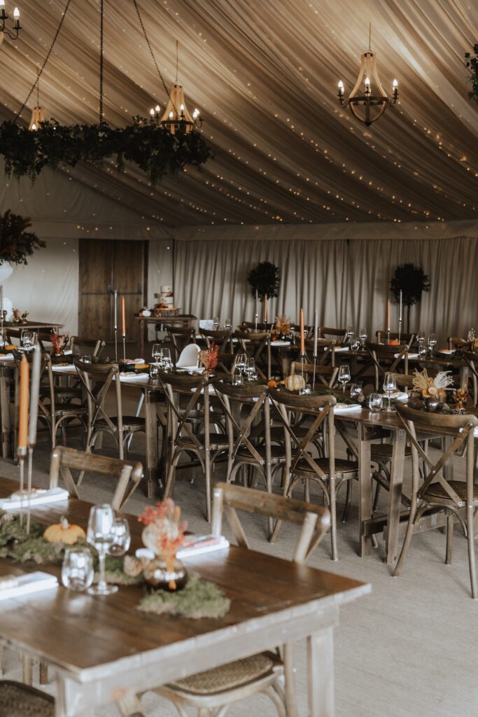 Crockwell Farm wedding breakfast room decorated for the wedding day