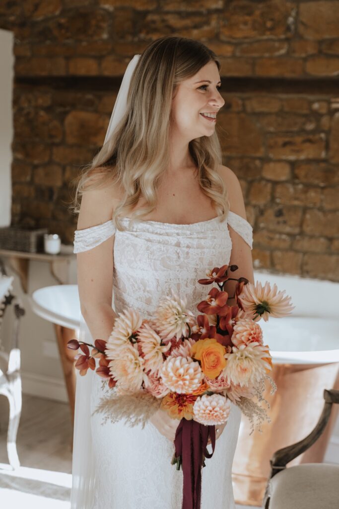 Bridal portraits in the bridal suite at Northamptonshire wedding venue, Crockwell Farm