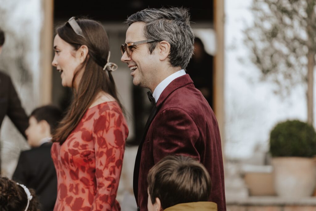 Candid photos of guests during drinks reception at Crockwell Farm