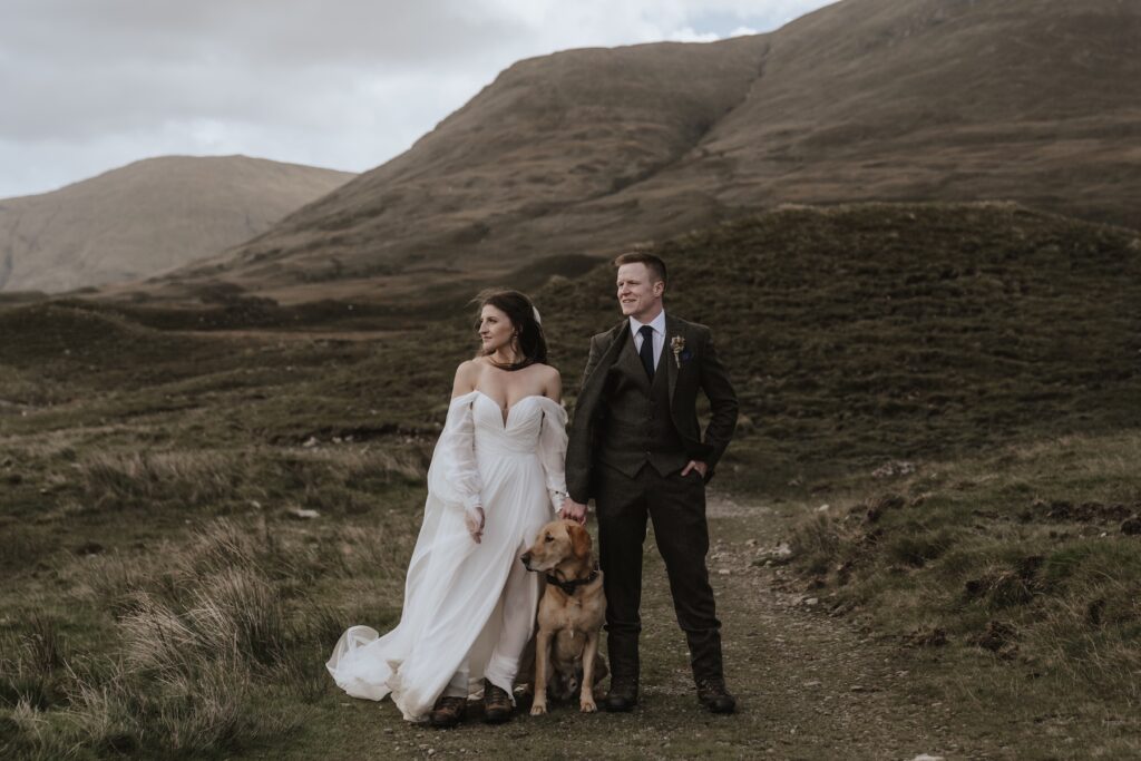 Elopement portraits of a couple with their dog in Scotland