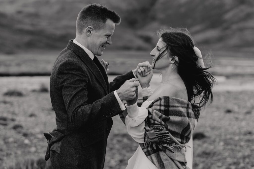 A couple during their portraits on their elopement in Scotland