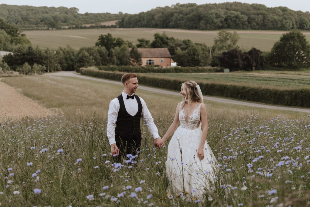 Northamptonshire wedding photographer capturing evening portraits at Swallows Nest Barn