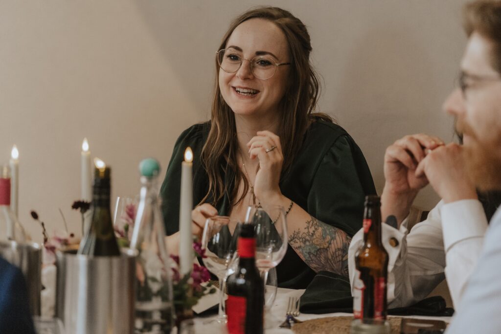 Guest candids during speeches at Bassmead Manor Barns in Cambridgeshire