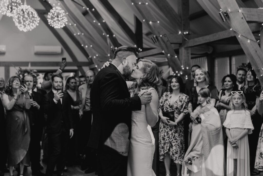 The couple during their first dance at Bassmead Manor Barns in St Neots, Cambridgeshire
