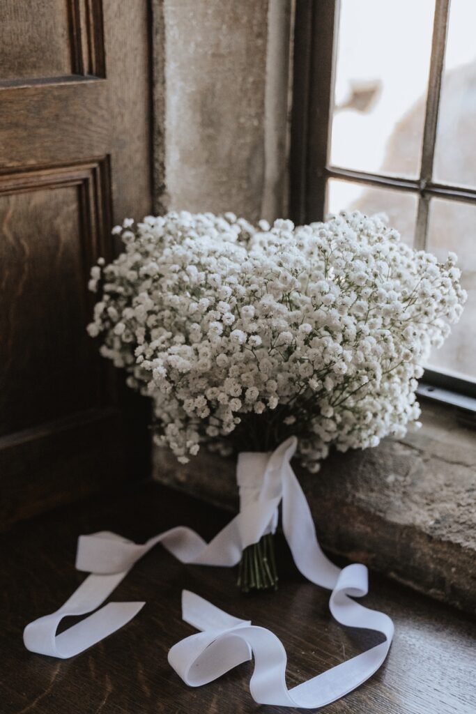 Brides bouquet in the bridal suite at Hengrave Hall