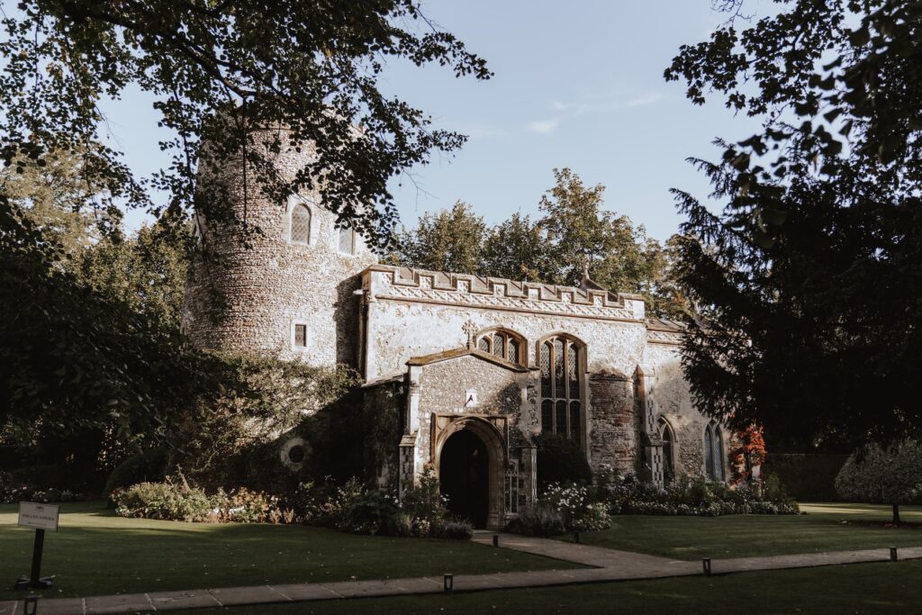 The chapel ready for the ceremony at Hengrave Hall in Suffolk