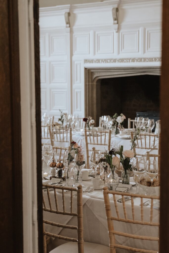 Dining room set up for the wedding breakfast at Hengrave Hall