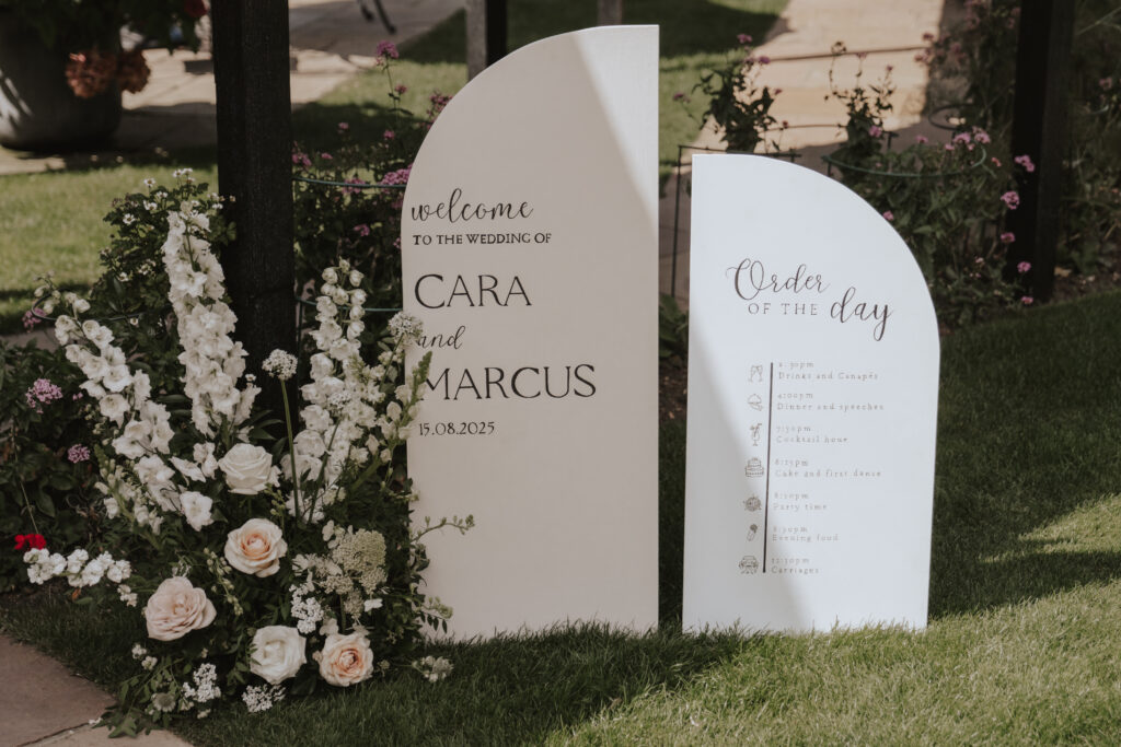 Close-up of floral centrepieces and elegant wedding place settings