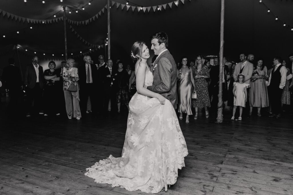 Bride and Groom's first dance under the stretch tent at Jimmy's Farm in Suffolk