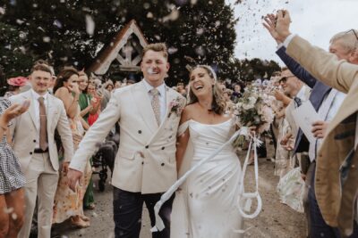 Confetti photos of the bride and groom in Yorkshire