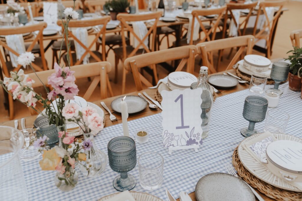 Yorkshire wedding photographer capturing relaxed marquee decor details