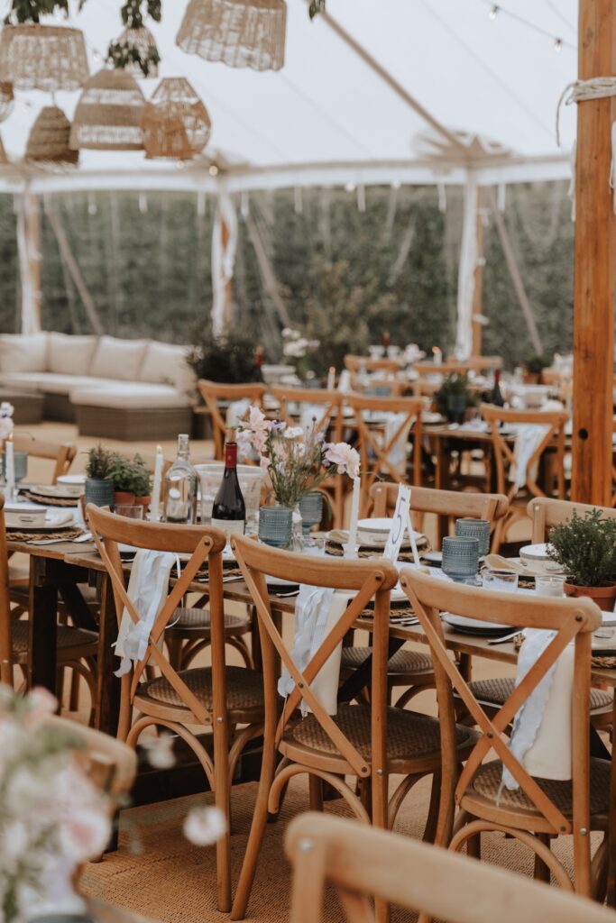 Long banquet tables at homemade Yorkshire wedding