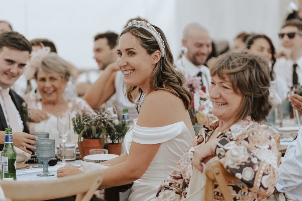 Wedding in Yorkshire with fun speech reaction of the bride during speeches