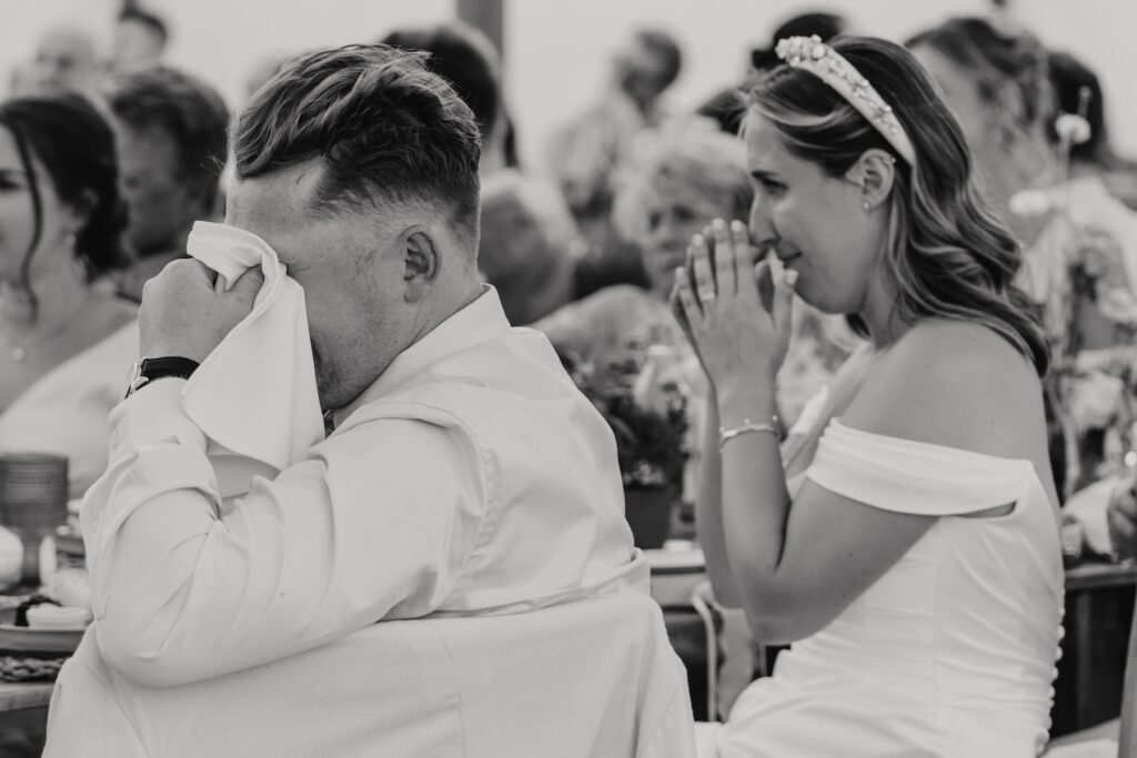 Emotional moments of the bride and groom during speeches captured by wedding photographer in Yorkshire