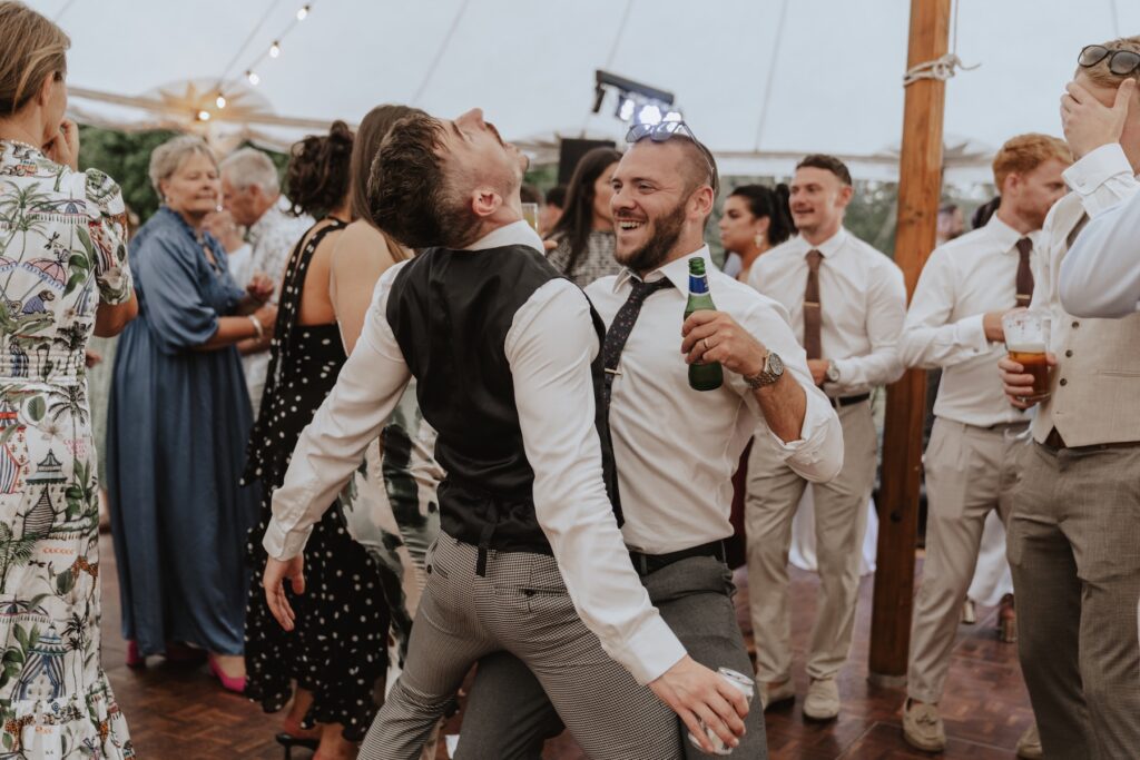 Wedding at home in Yorkshire with guests on the evening dance floor
