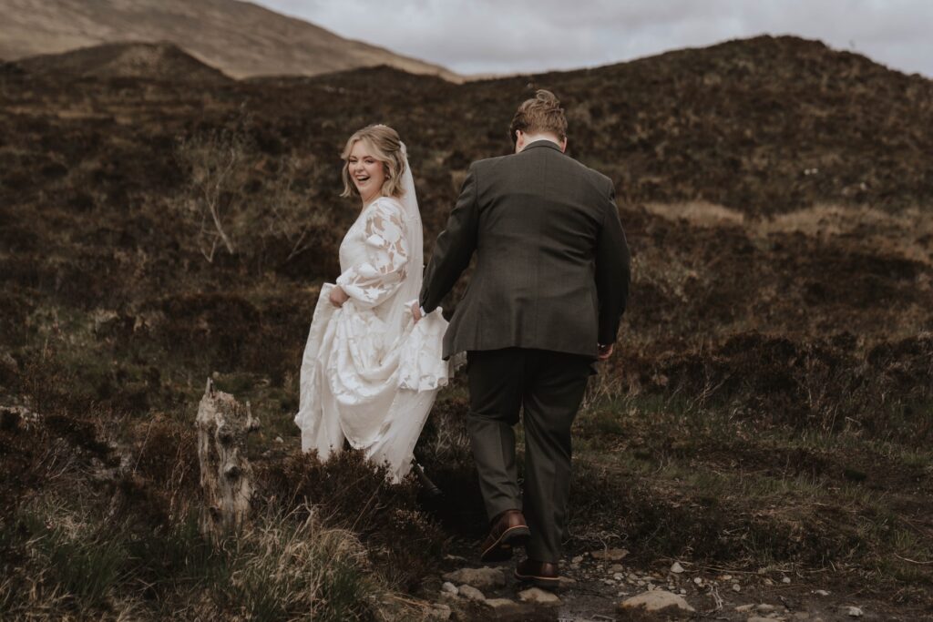 Walking to Sligachan ceremony spot for elopement on Skye
