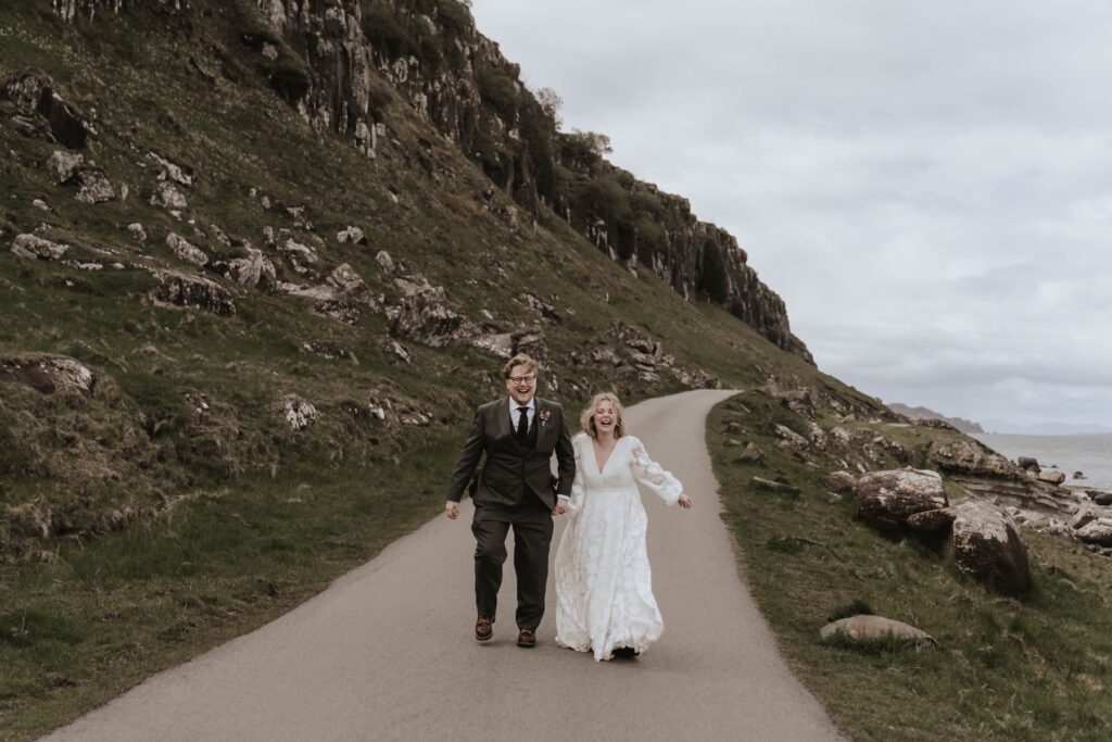 Bride and groom exploring Isle of Skye