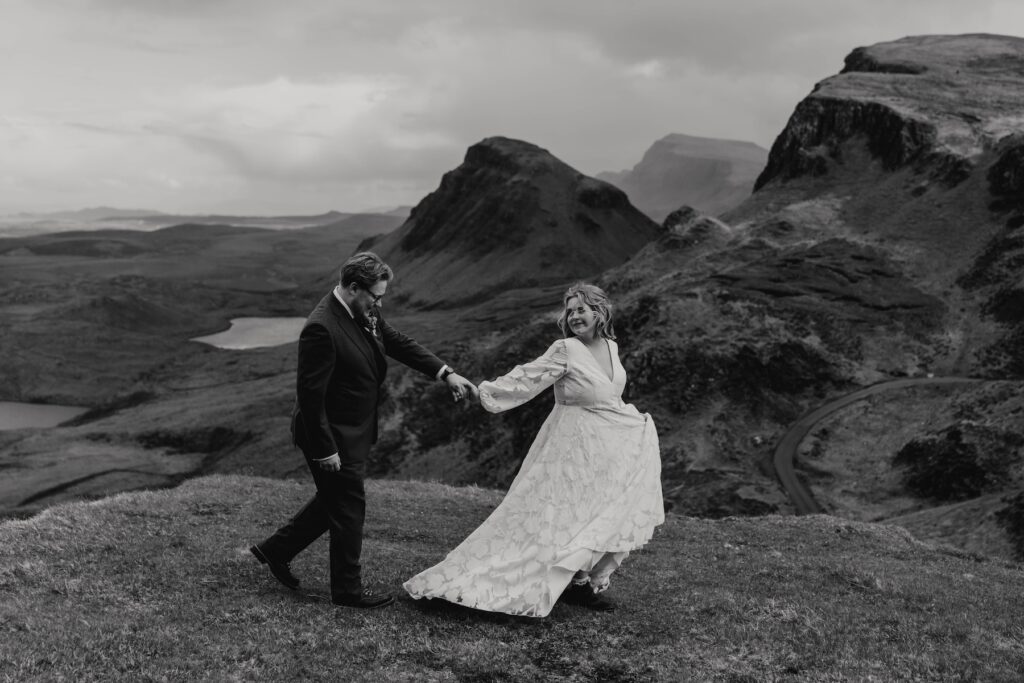 Bride and groom at The Quiraing on the Isle of Skye
