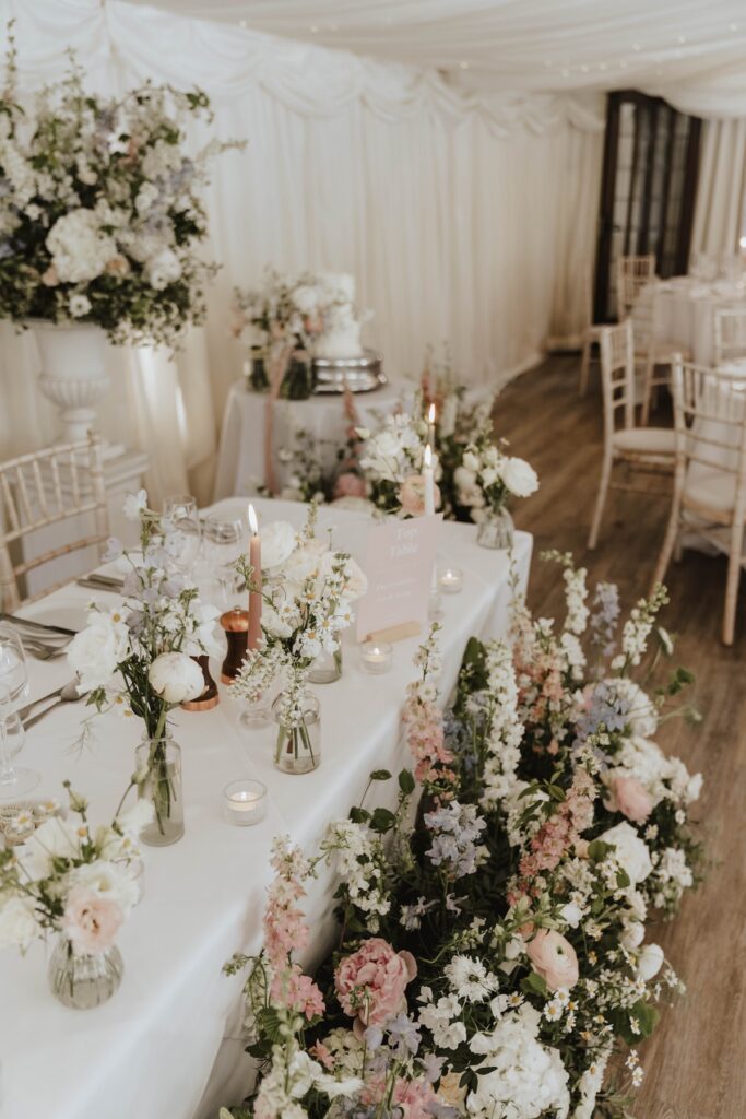 Wedding breakfast set up at Seckford Hall in Suffolk