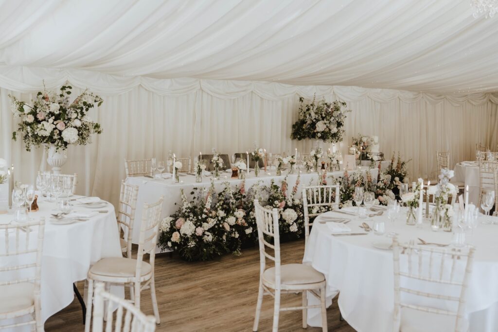 Wedding breakfast set up at Seckford Hall details