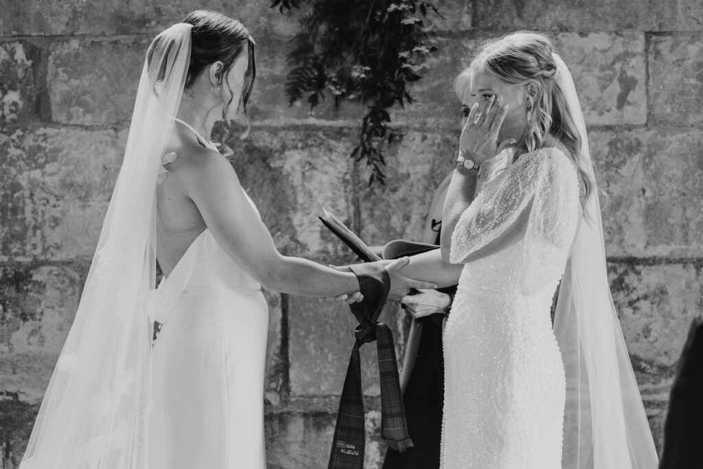 Emotional vows during same sex ceremony at Dunglass Estate