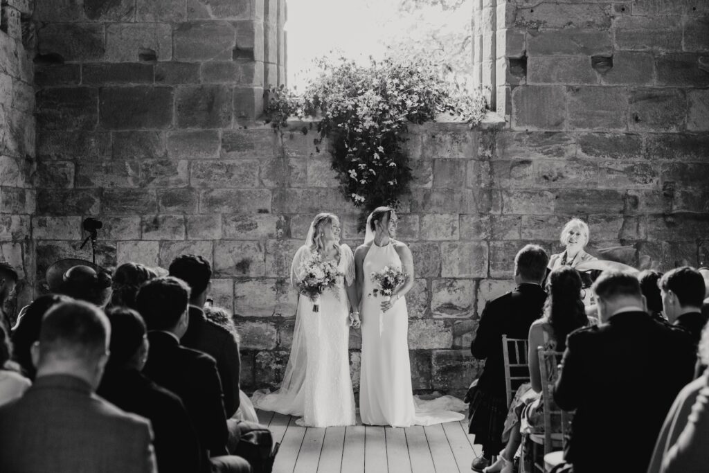 The brides having just got married at the church at Dunglass Estate