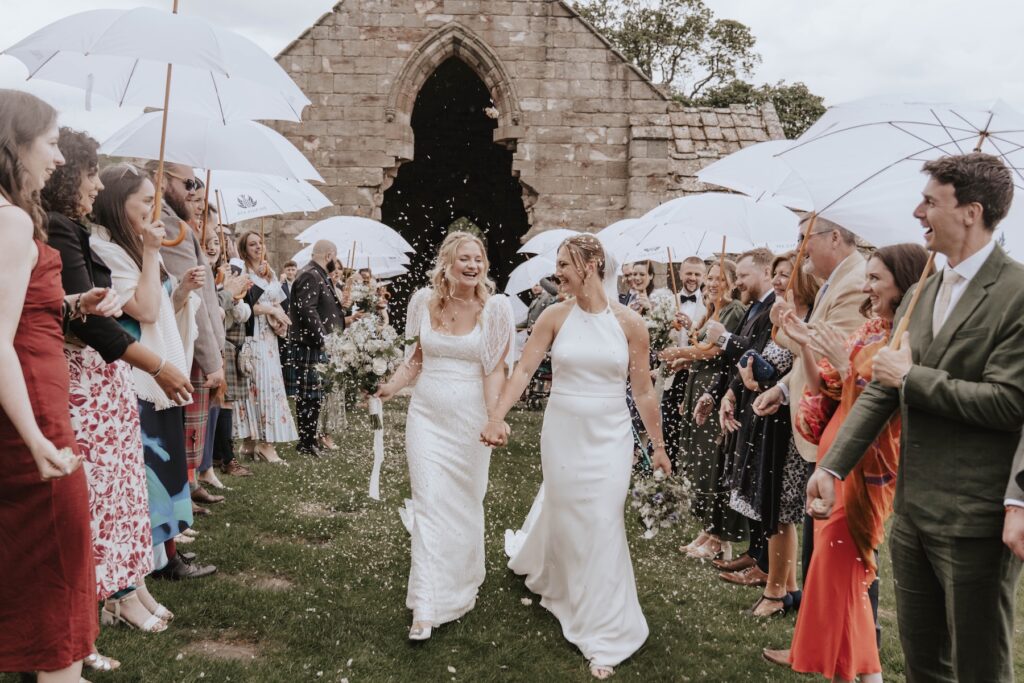 Confetti in the rain at Dunglass Estate wedding