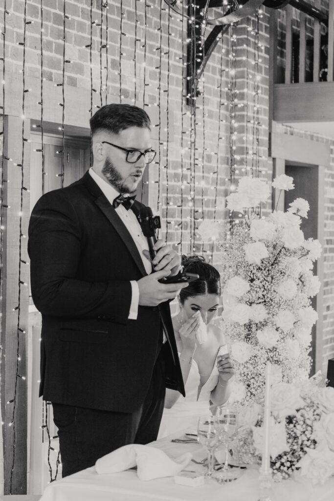Groom Josh giving a wedding speech at Gaynes Park