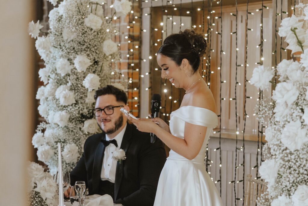Abbie giving her wedding speech at Gaynes Park