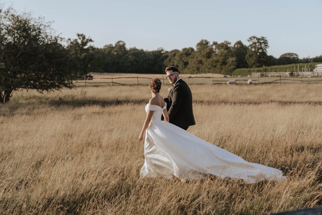 Golden hour wedding portrait of Abbie and Josh at Gaynes Park